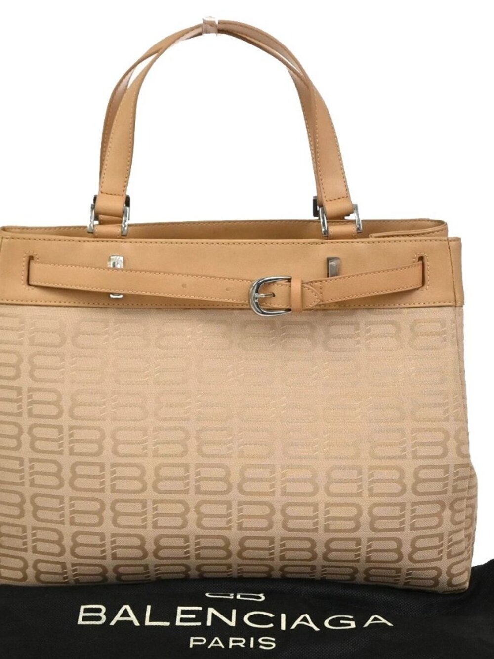 BALENCIAGA Logo BB Pattern Hand Tote Bag Canvas Leather Beige SHW - Picture 1 of 16